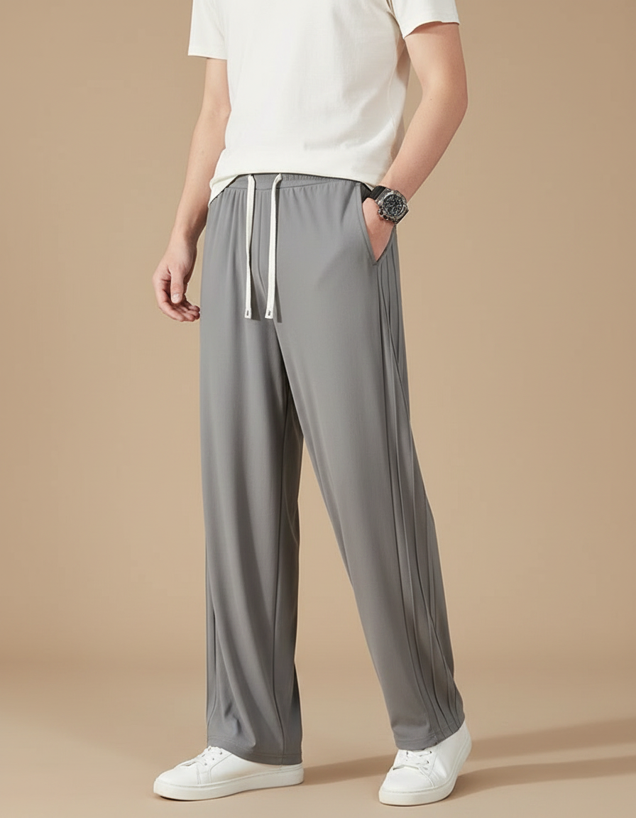 Pantalon Fluide Gris Ample Droit Cordon Décontracté Homme - Polyester