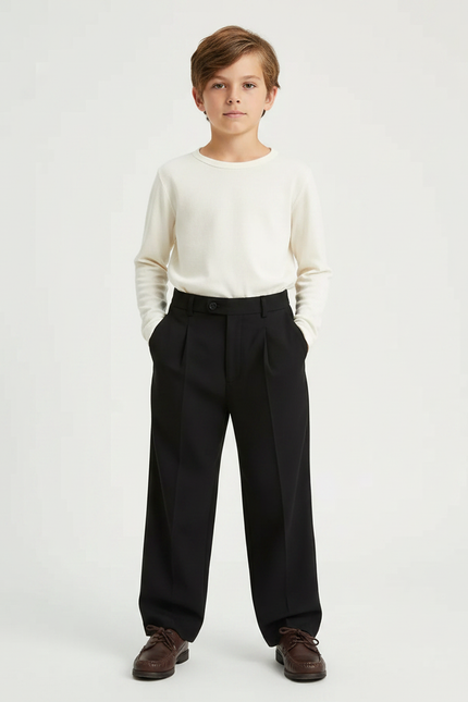 Pantalon Fluide Noir Ample Plissé Décontracté Garçon - Polyester