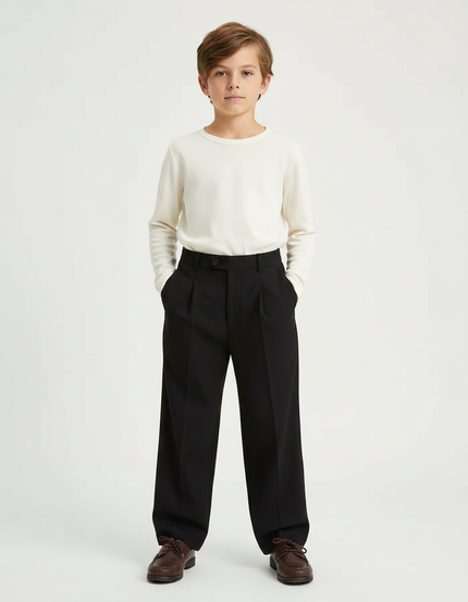 Pantalon Fluide Noir Ample Plissé Décontracté Garçon - Polyester