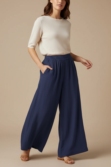 Grandes Tailles Femme Pantalon Fluide - Marine Lin