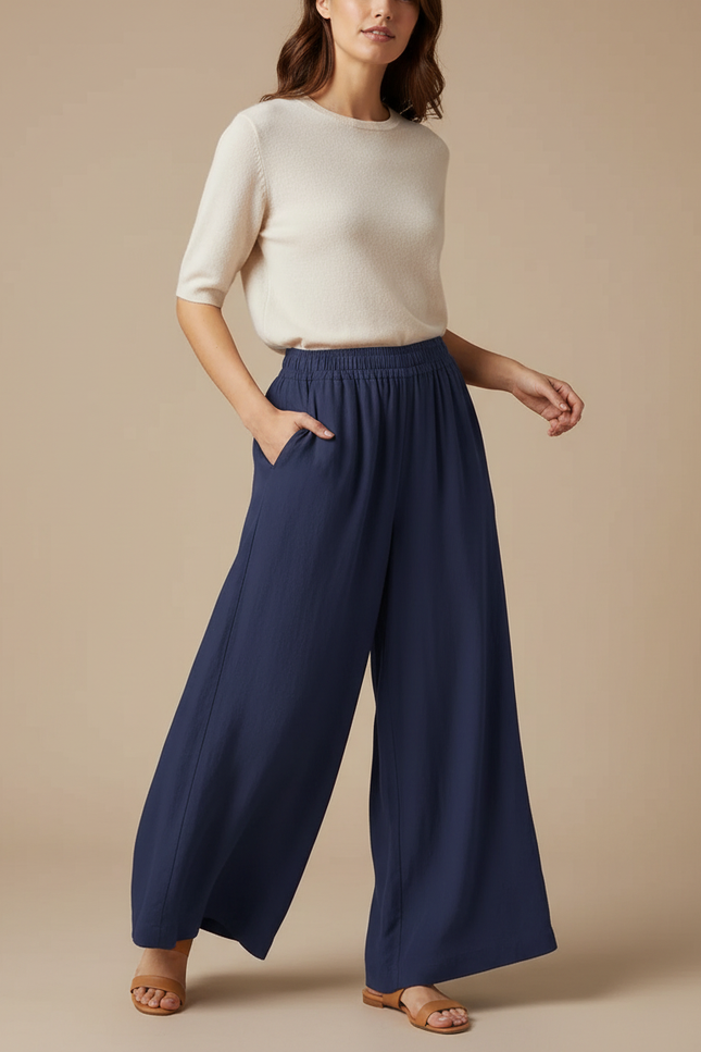 Grandes Tailles Femme Pantalon Fluide - Marine Lin