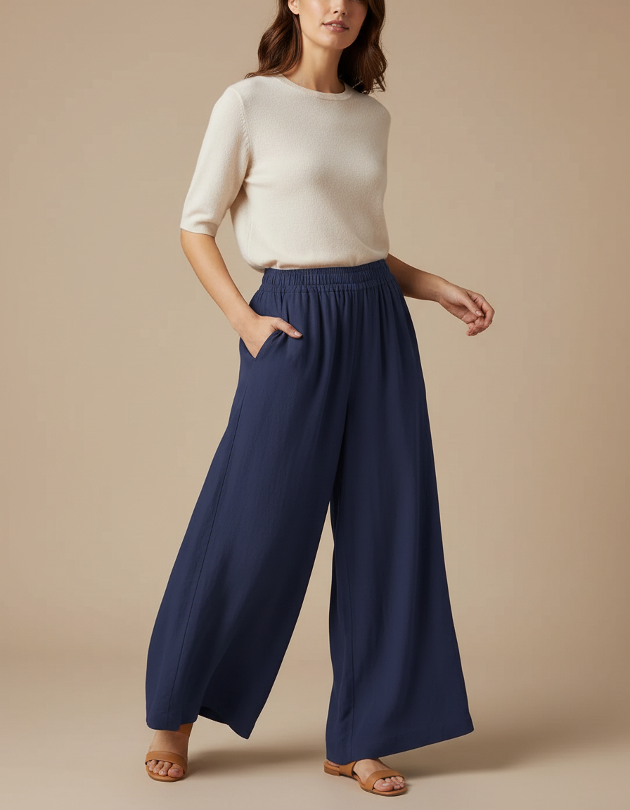 Grandes Tailles Femme Pantalon Fluide - Marine Lin