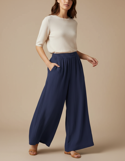Grandes Tailles Femme Pantalon Fluide - Marine Lin