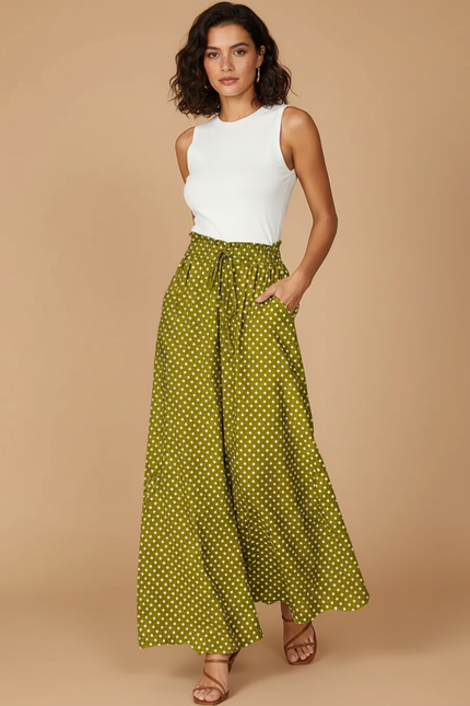 Pantalon Fluide Vert Ample À Pois Taille Haute Femme - Viscose