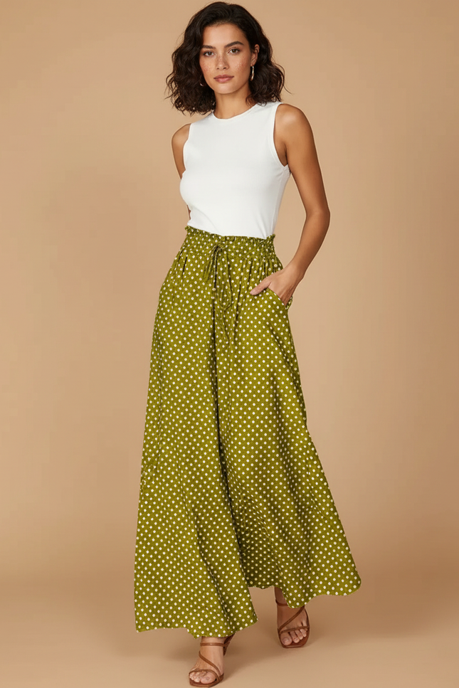 Pantalon Fluide Vert Ample À Pois Taille Haute Femme - Viscose