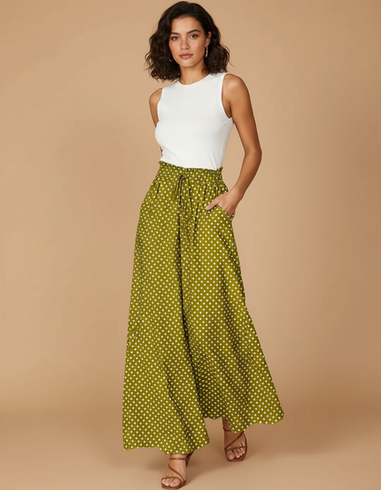 Pantalon Fluide Vert Ample À Pois Taille Haute Femme - Viscose