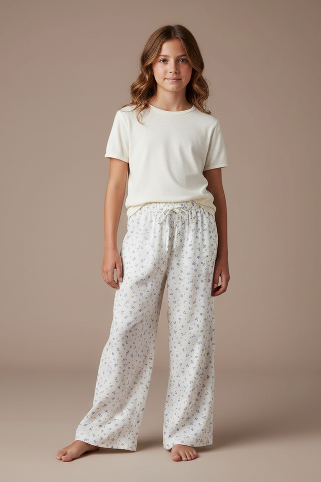 Pantalon Fluide Blanc Imprimé Floral Ample Coton Enfant