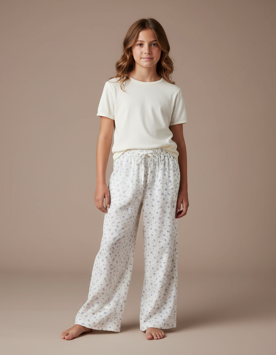 Pantalon Fluide Blanc Imprimé Floral Ample Coton Enfant