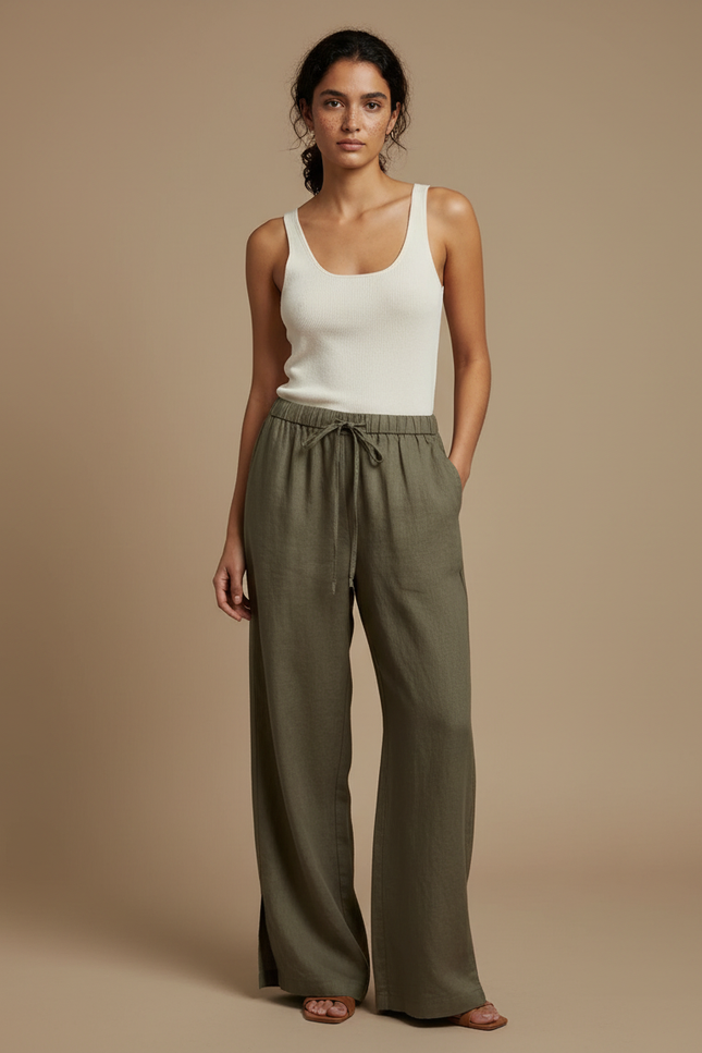 Pantalon Fluide Femme Boheme - Kaki Lin