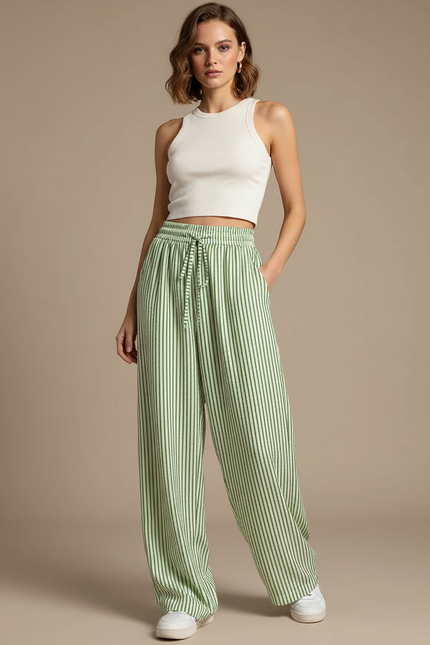 Pantalon Fluide Rayé Vert Cordon Ample Décontracté - Lin