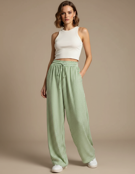 Pantalon Fluide Rayé Vert Cordon Ample Décontracté - Lin