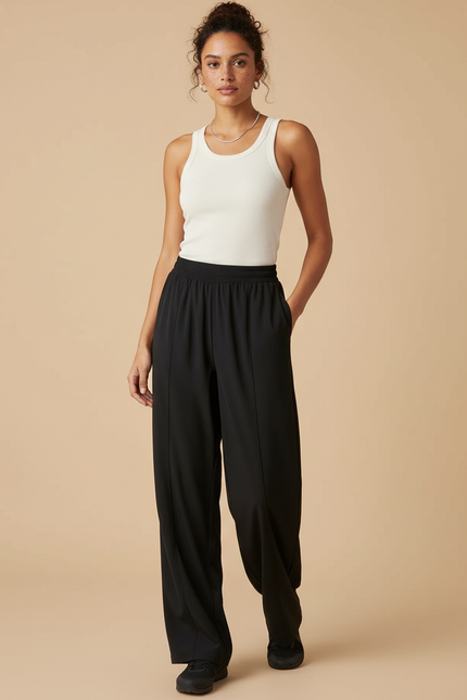 Pantalon Fluide Noir Ample Drapé Décontracté Femme - Polyester