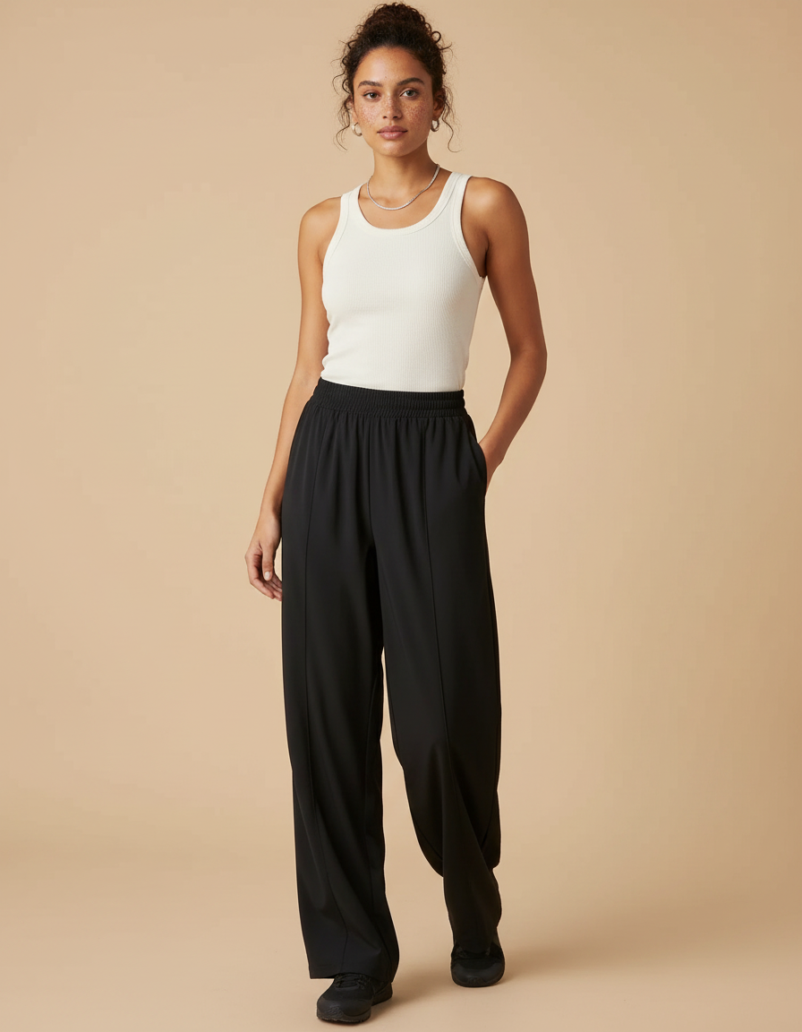 Pantalon Fluide Noir Ample Drapé Décontracté Femme - Polyester