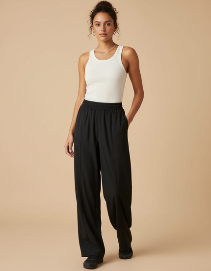 Pantalon Fluide Noir Ample Drapé Décontracté Femme - Polyester