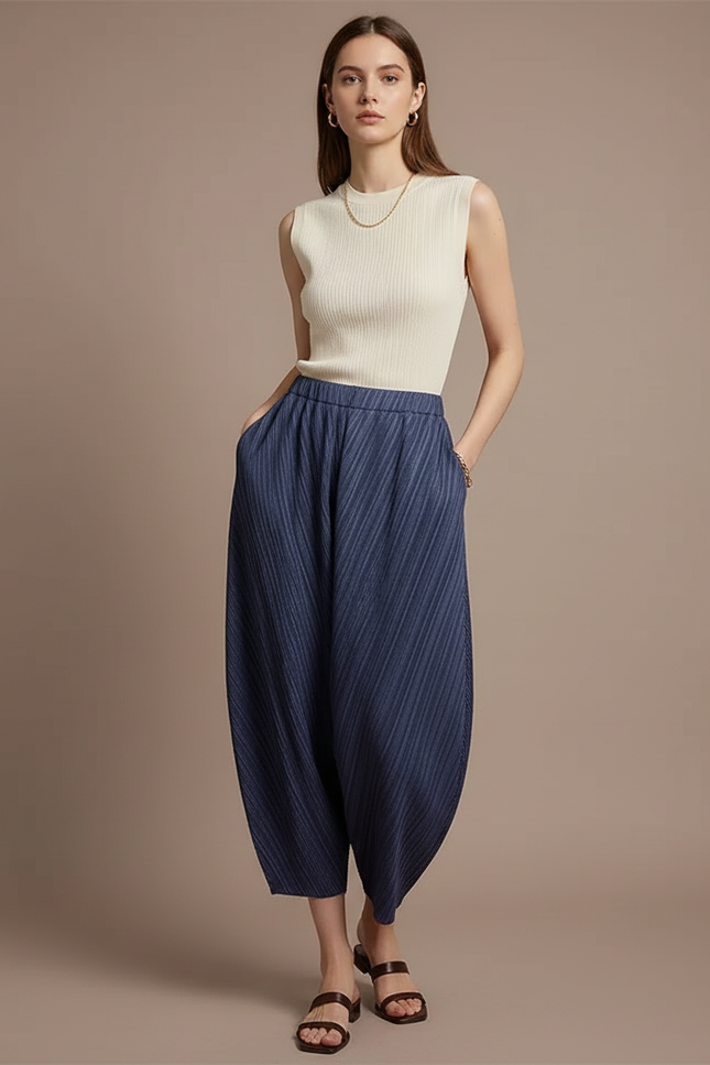 Pantalon Fluide Rayé Bleu - Polyester