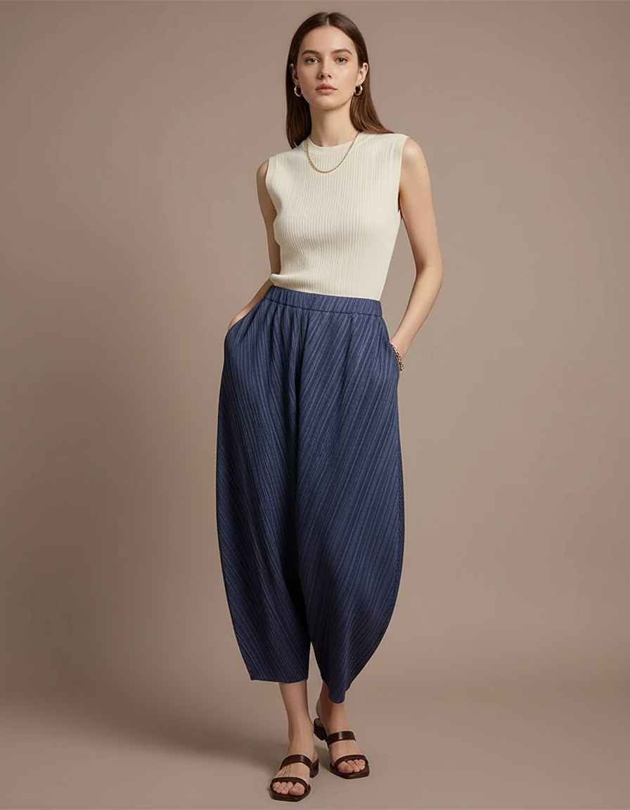Pantalon Fluide Rayé Bleu - Polyester