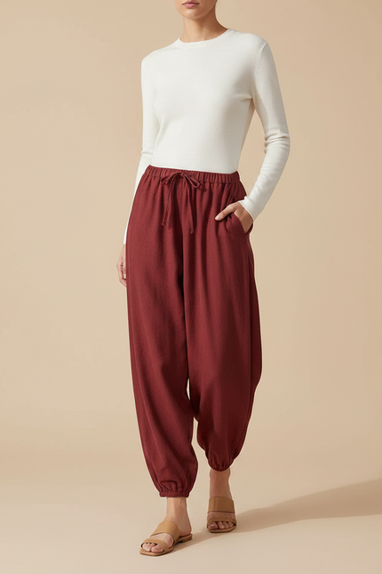 Pantalon Fluide Brique Ample Cordon Cheville Confortable - Bordeaux Coton