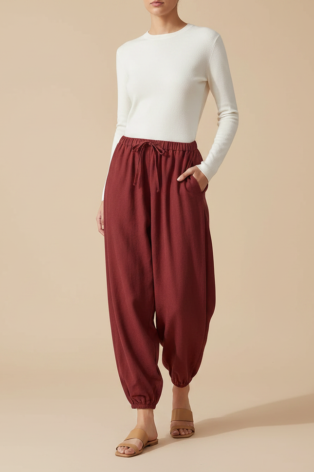 Pantalon Fluide Brique Ample Cordon Cheville Confortable - Bordeaux Coton