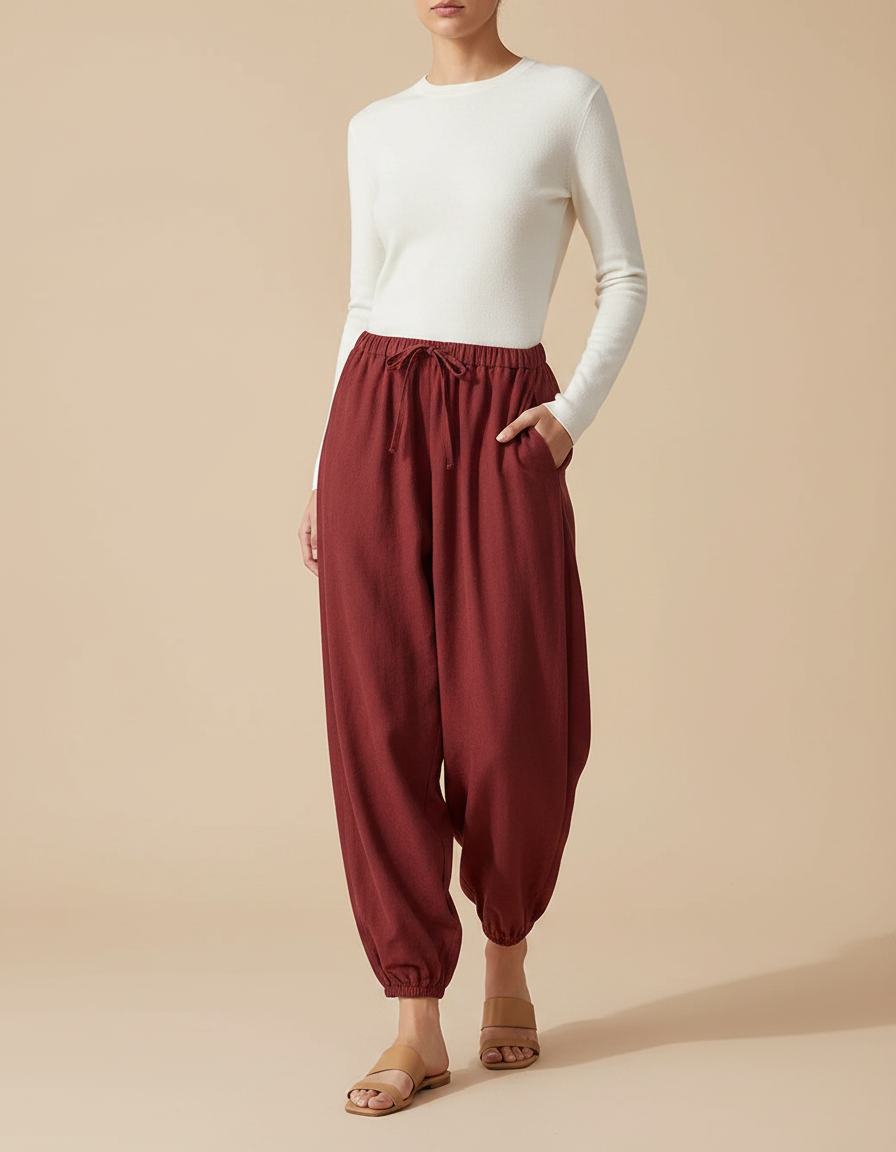 Pantalon Fluide Brique Ample Cordon Cheville Confortable - Bordeaux Coton