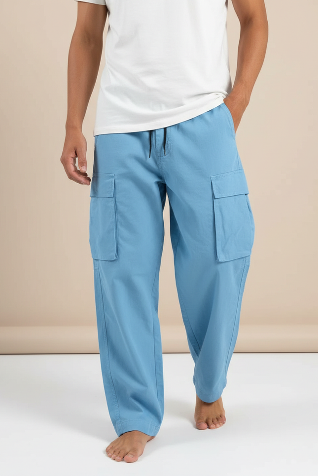 Pantalon Fluide Bleu Cargo Ample Cordon Homme - Toile