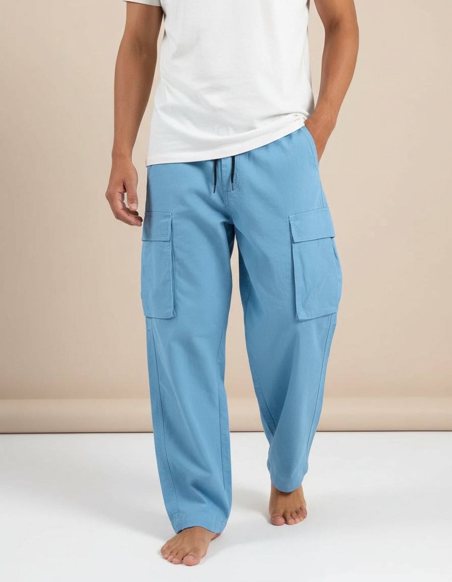 Pantalon Fluide Bleu Cargo Ample Cordon Homme - Toile