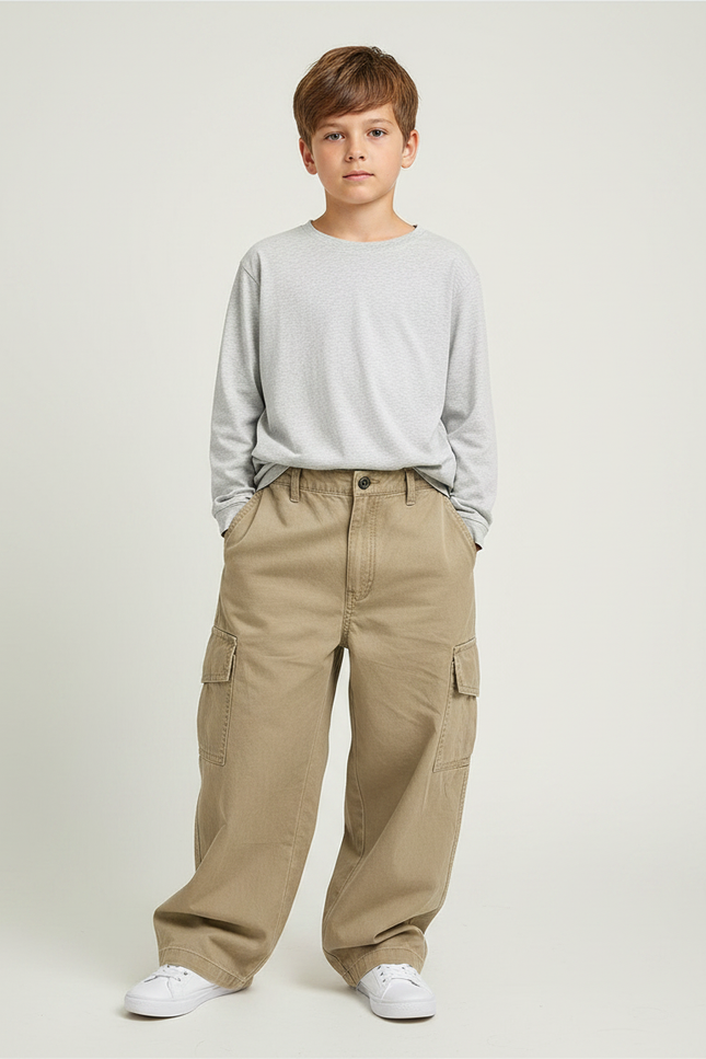 Pantalon Fluide Beige Cargo Ample Coton Garçon - Toile