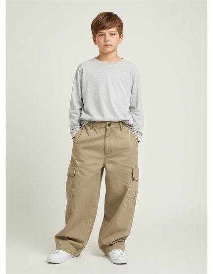 Pantalon Fluide Beige Cargo Ample Coton Garçon - Toile