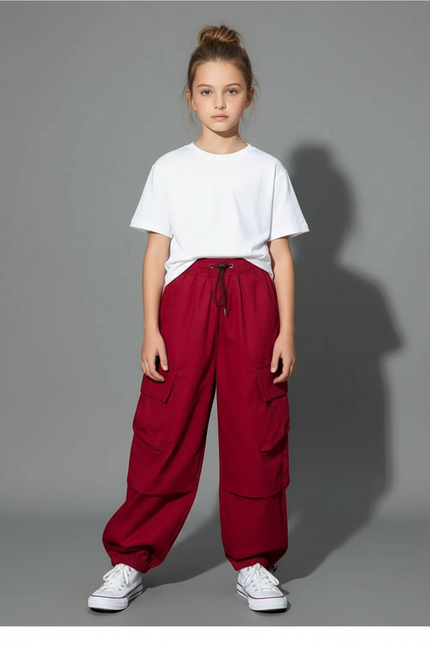 Pantalon Fluide Rouge Cargo Ample Streetwear Enfant - Polyester