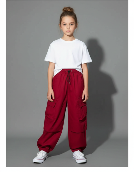 Pantalon Fluide Rouge Cargo Ample Streetwear Enfant - Polyester