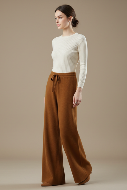 Pantalon Fluide Marron Maille Ample Cordon Femme
