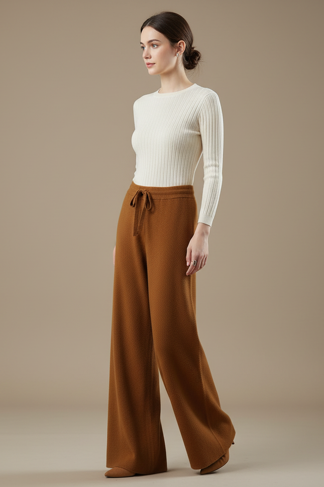 Pantalon Fluide Marron Maille Ample Cordon Femme