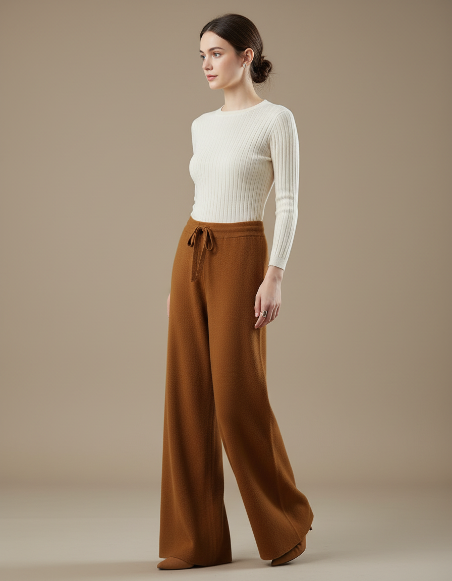 Pantalon Fluide Marron Maille Ample Cordon Femme