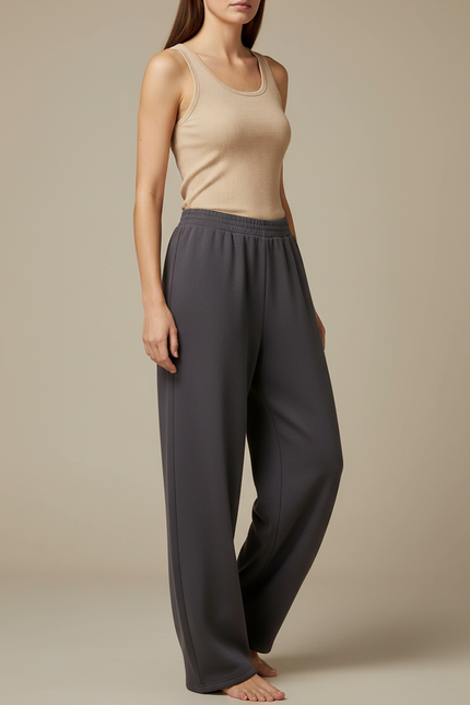 Pantalon Fluide Gris Ample Confortable Élastique Femme - Molleton
