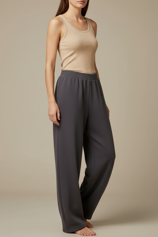 Pantalon Fluide Gris Ample Confortable Élastique Femme - Molleton