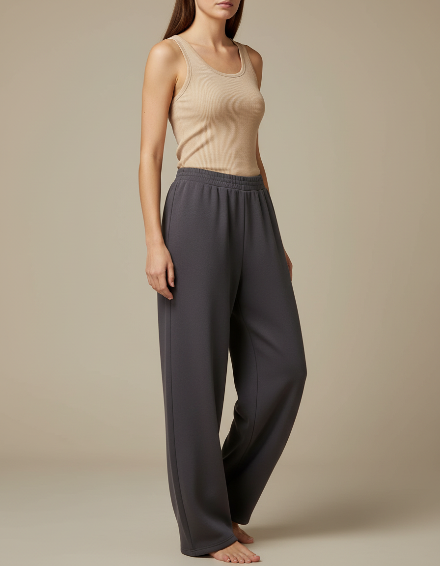 Pantalon Fluide Gris Ample Confortable Élastique Femme - Molleton