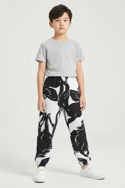 Pantalon Fluide Noir Blanc Imprimé Floral Ample Coton - Viscose