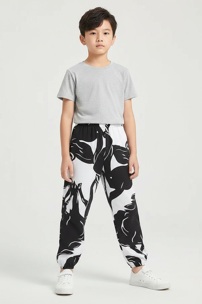 Pantalon Fluide Noir Blanc Imprimé Floral Ample Coton - Viscose