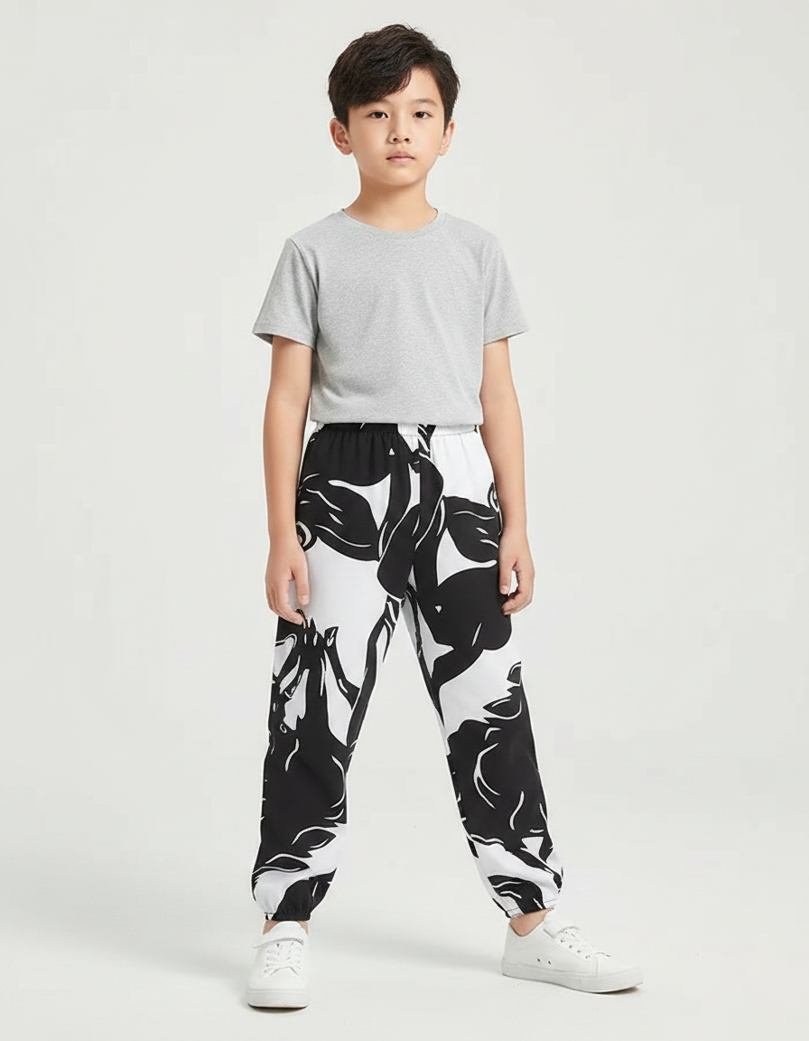 Pantalon Fluide Noir Blanc Imprimé Floral Ample Coton - Viscose