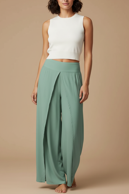 Pantalon Fluide Vert Menthe Ample Fendu Élégant - Viscose