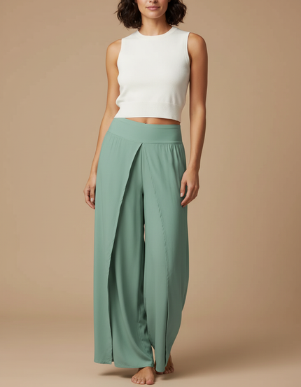 Pantalon Fluide Vert Menthe Ample Fendu Élégant - Viscose