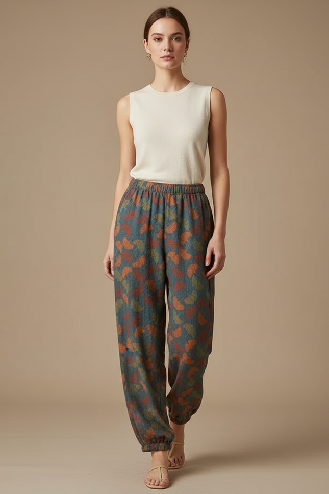 Pantalon Fluide Imprimé Feuille Ample Confortable Femme - Viscose