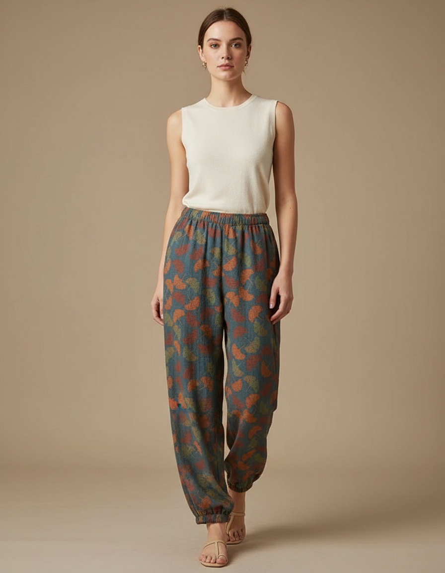Pantalon Fluide Imprimé Feuille Ample Confortable Femme - Viscose
