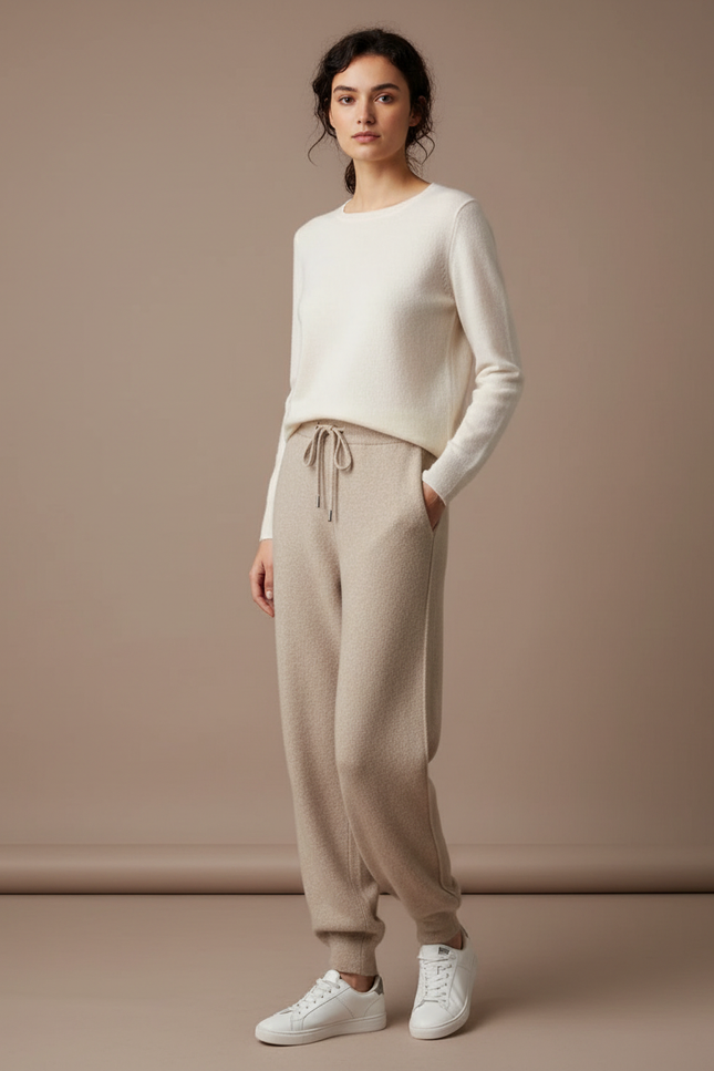 Pantalon Fluide Beige Maille Cordon Décontracté Femme