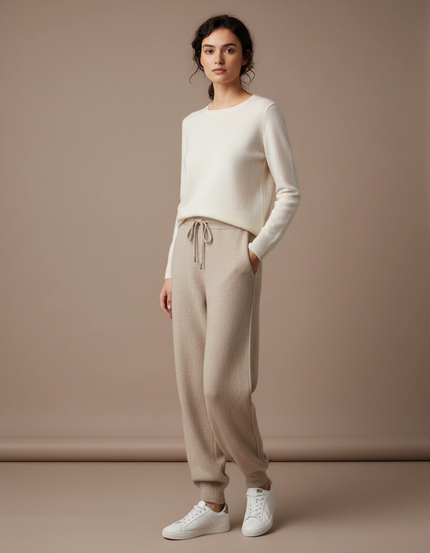 Pantalon Fluide Beige Maille Cordon Décontracté Femme