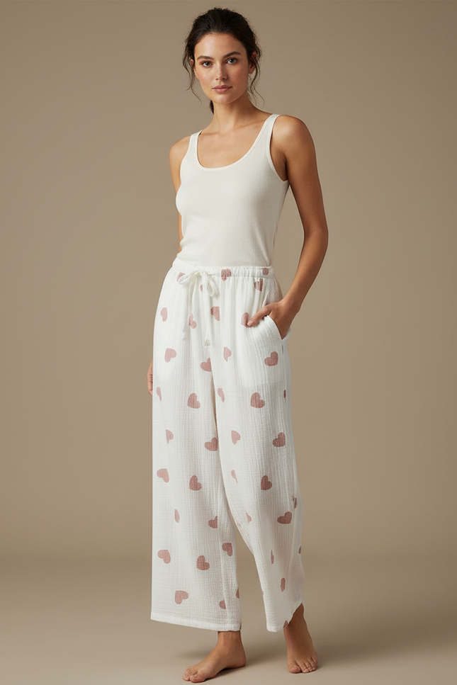 Pantalon Fluide Blanc Coton Cœurs Ample Confortable