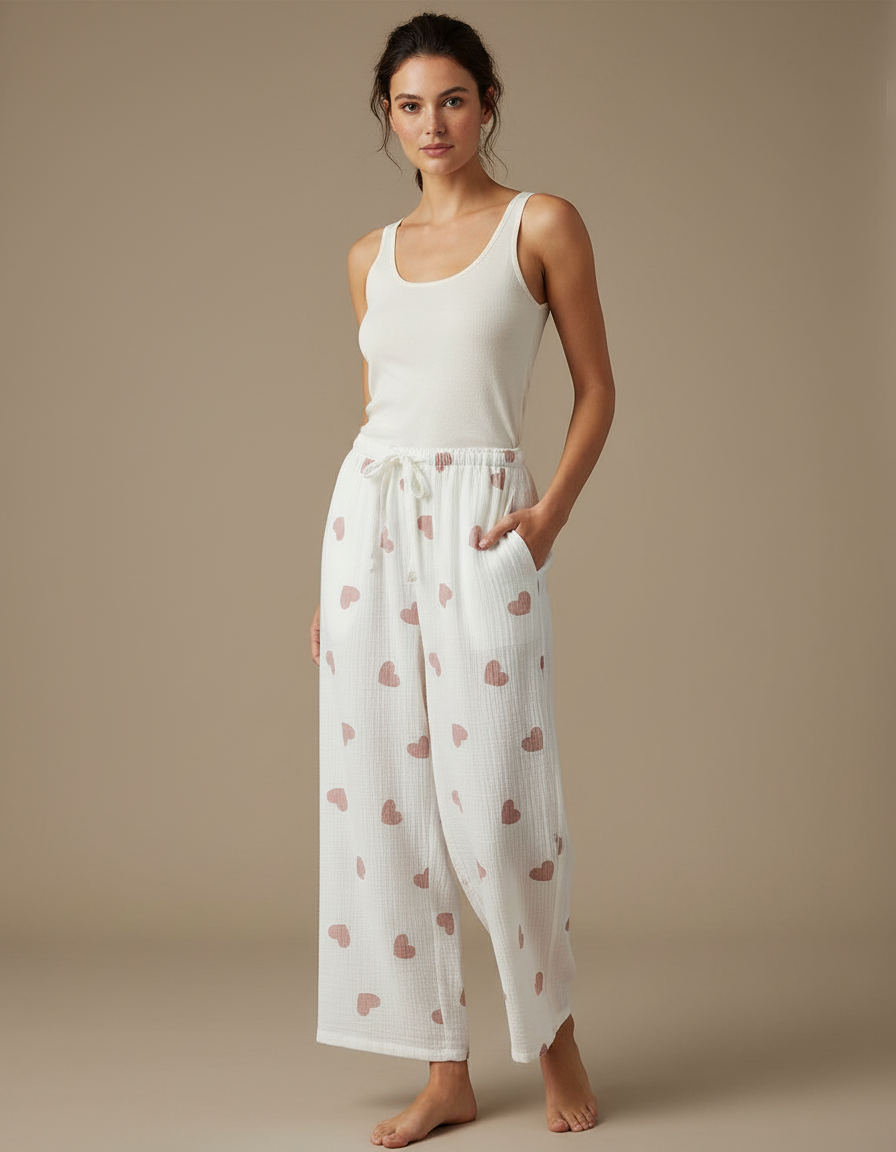 Pantalon Fluide Blanc Coton Cœurs Ample Confortable
