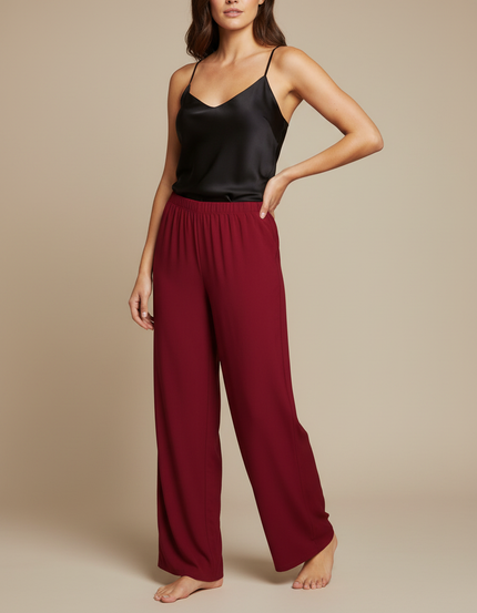 Pantalon Fluide Rouge Ample Élégant Femme - Bordeaux Viscose