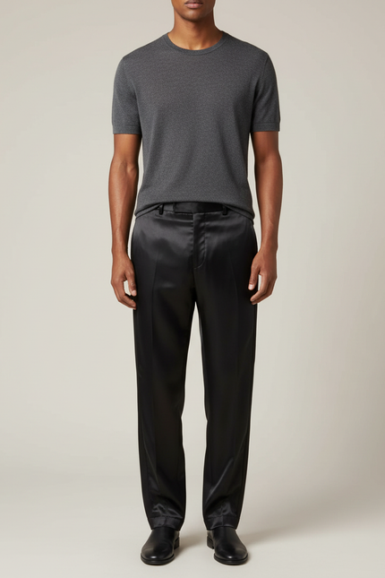 Pantalon Fluide Noir Satin Homme Droit Élégant