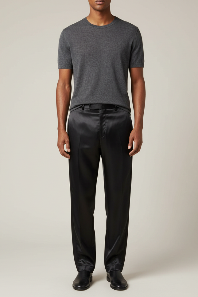 Pantalon Fluide Noir Satin Homme Droit Élégant