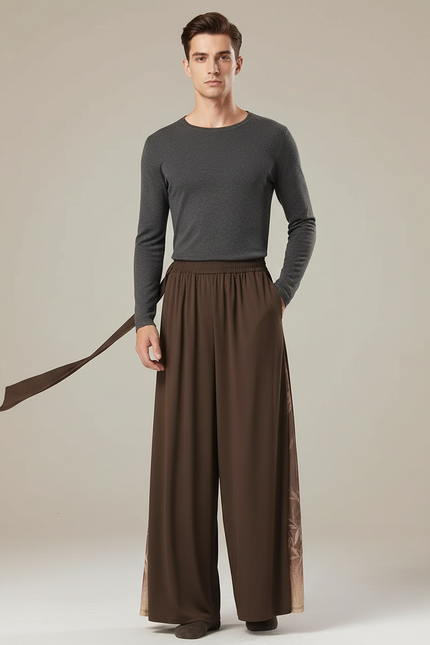 Pantalon Fluide Marron Ample Maille Transparente Homme